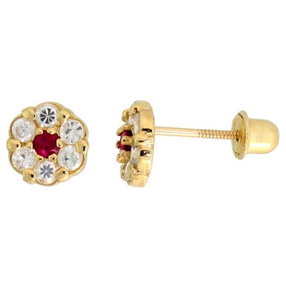 6mm 14k Gold Tiny Flower Stud Earrings Red & White Cubic Zirconia Stones